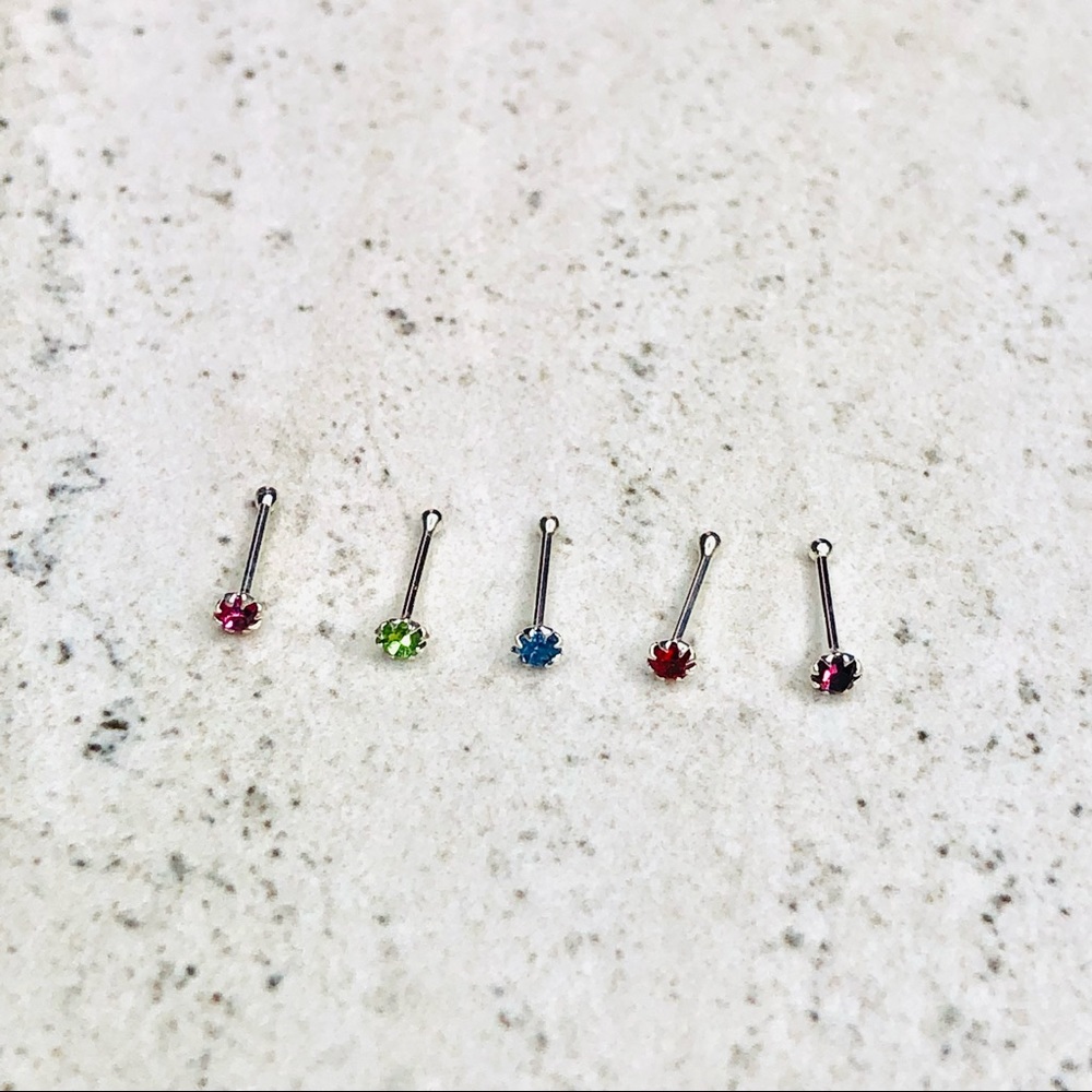 925 Sterling Silver Set of 5 Crystal Nose Studs